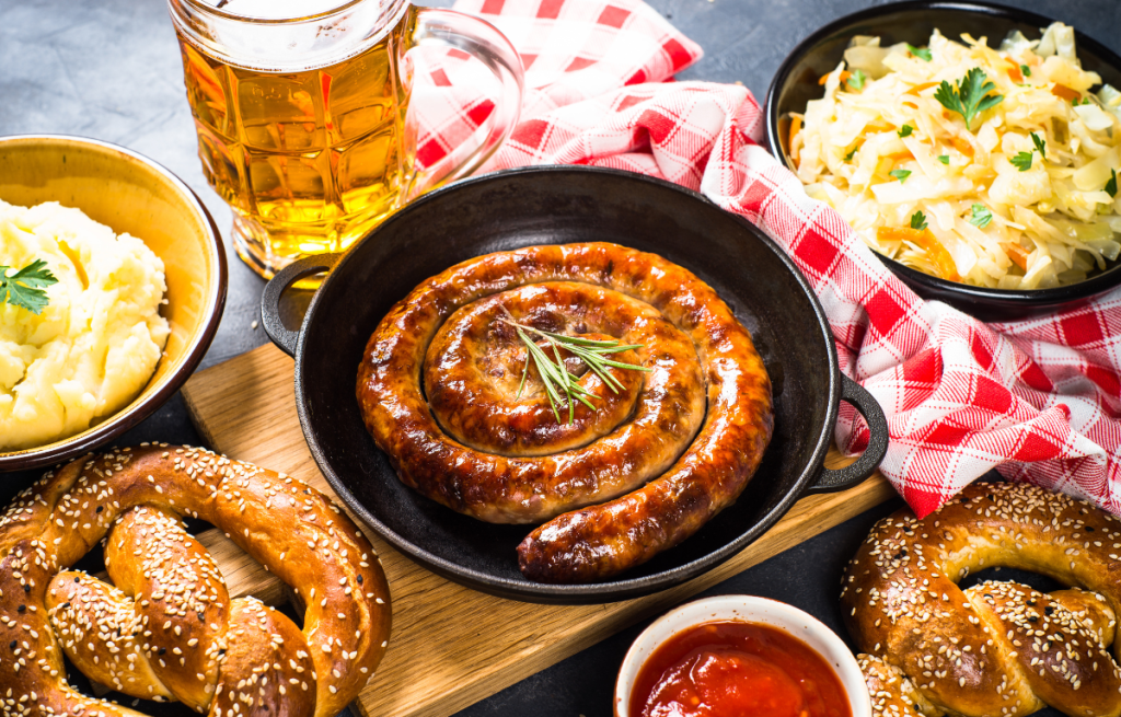 food pairing, tacos, bratwurst, chips, dip, beer